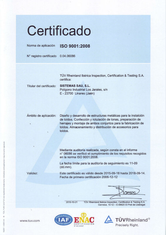 Certificado ISO 9001 Sistemas SAU 2018